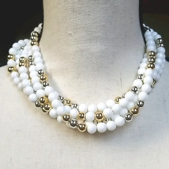 Vintage 1950s Mid Century Choker Beaded Gold & Silver Tone Multi-Strand Necklace - Picture 15 of 15